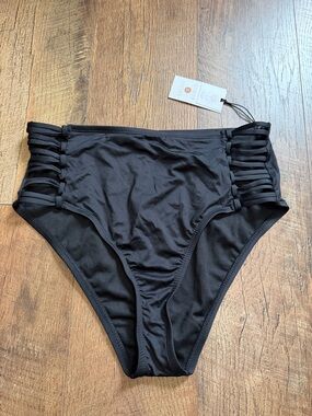 Shade & Shore Black High-Waist Bikini Bottom with Strappy Sides